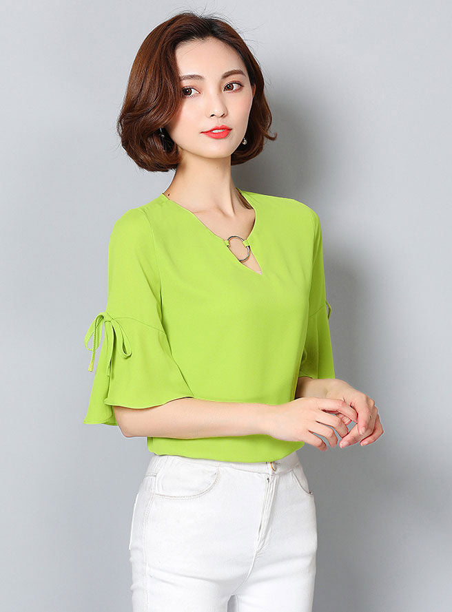 Blouse Trumpet Sleeved V Neck Ring Chiffon Woman