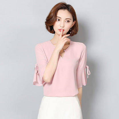 Blouse Trumpet Sleeved V Neck Ring Chiffon Woman