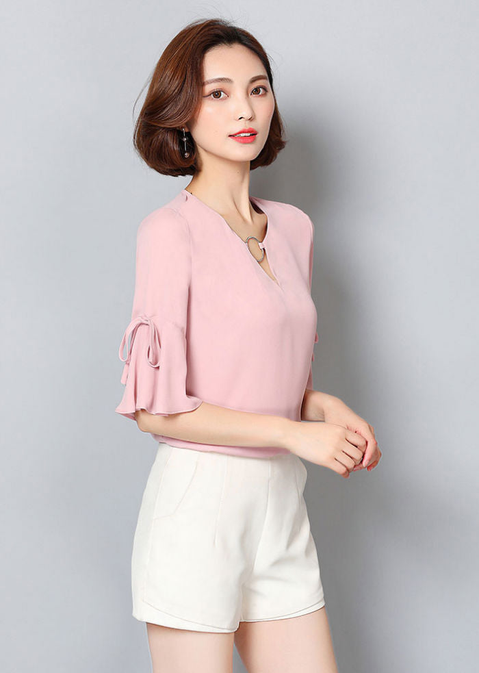 Blouse Trumpet Sleeved V Neck Ring Chiffon Woman