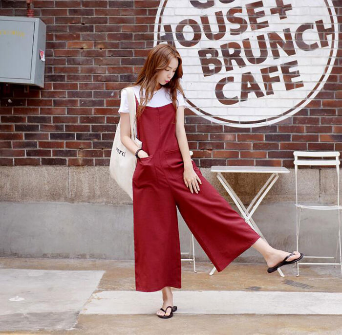 Double Pockets Wide Leg Jumpsuit New Korean Style