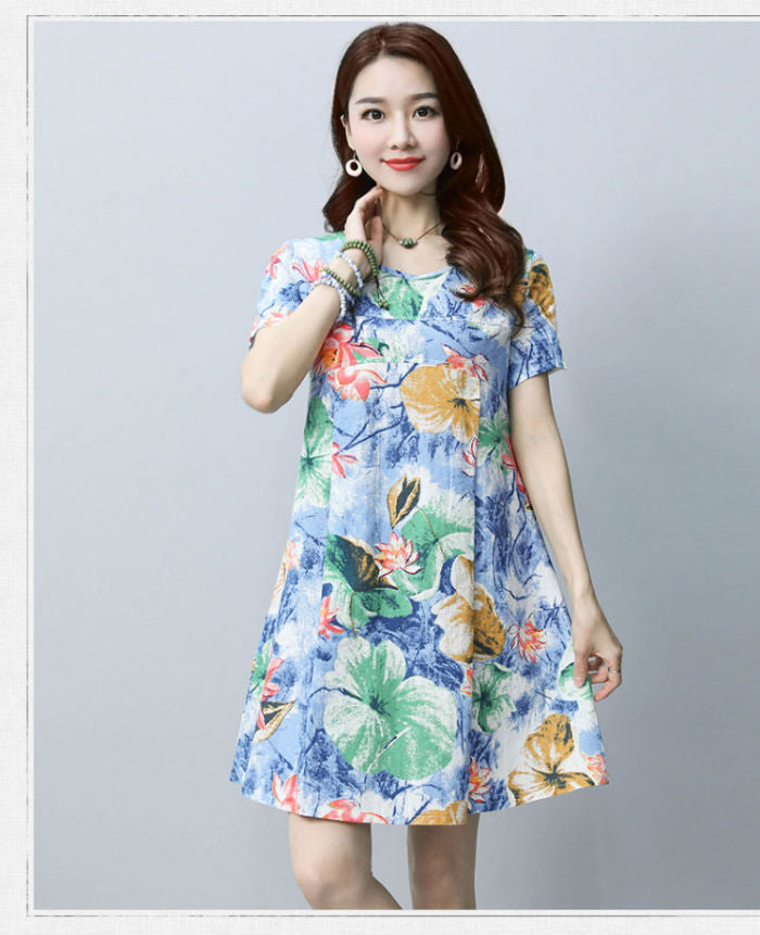 Flower Short Sleeved Simple Casual Dress