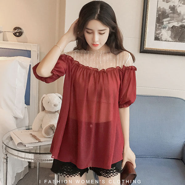 Puff Sleeved Mesh Shoulder Woman Top