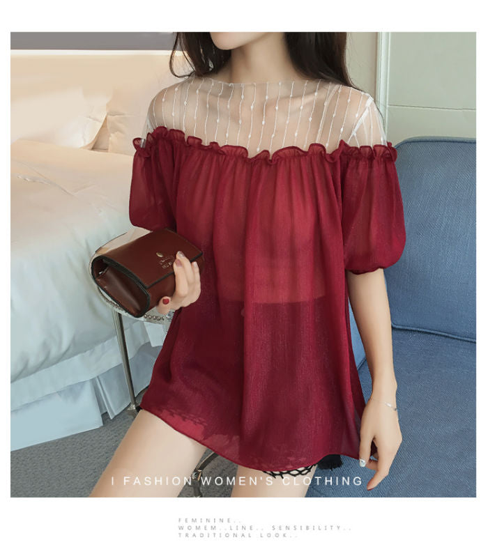 Puff Sleeved Mesh Shoulder Woman Top