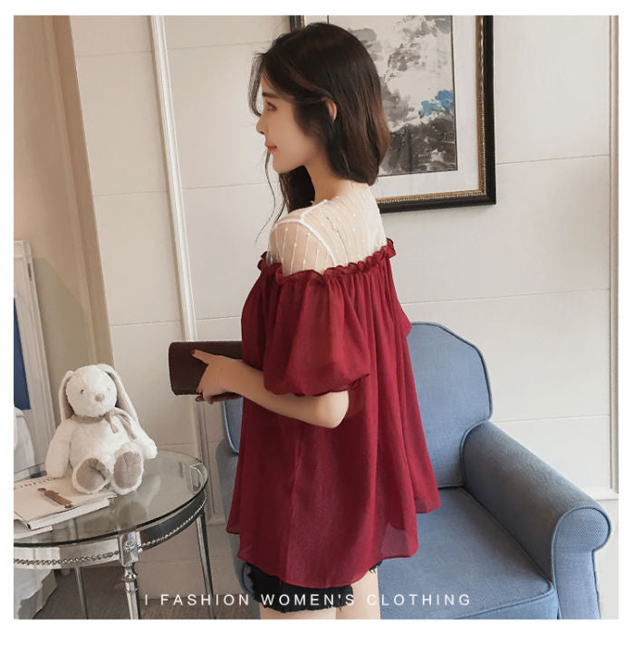 Puff Sleeved Mesh Shoulder Woman Top