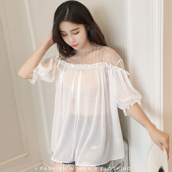 Puff Sleeved Mesh Shoulder Woman Top