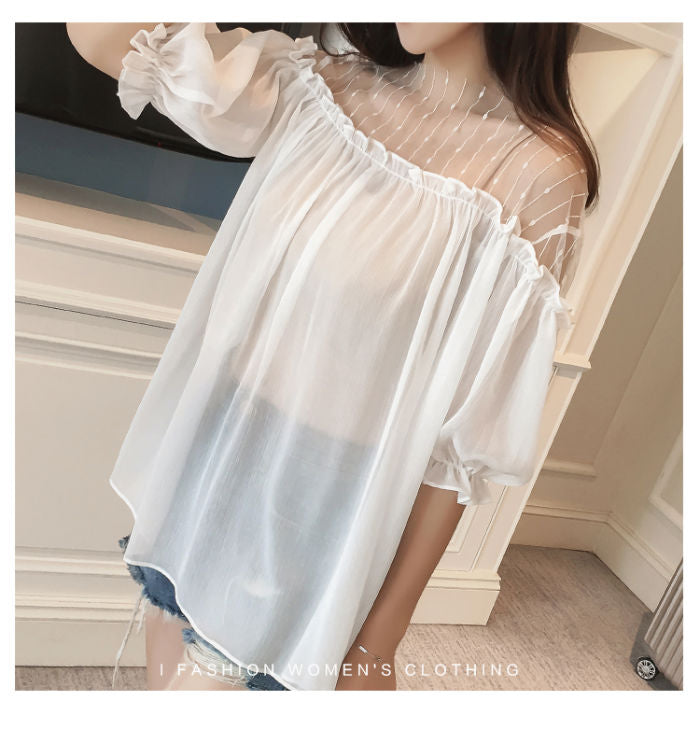 Puff Sleeved Mesh Shoulder Woman Top