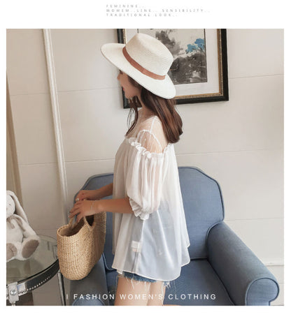 Puff Sleeved Mesh Shoulder Woman Top