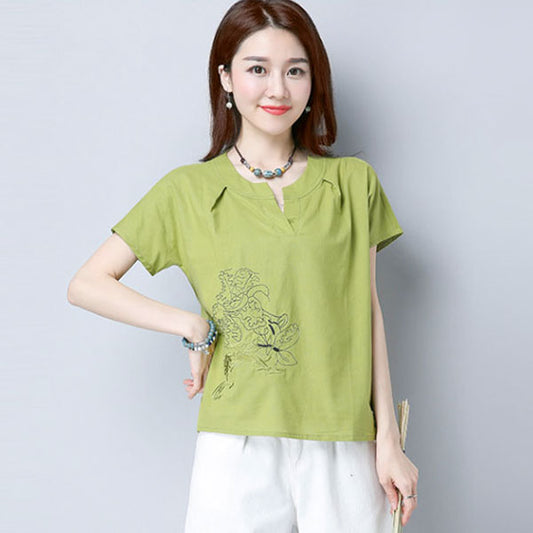 Shirt Short Sleeved V Neck Embroidery Simple