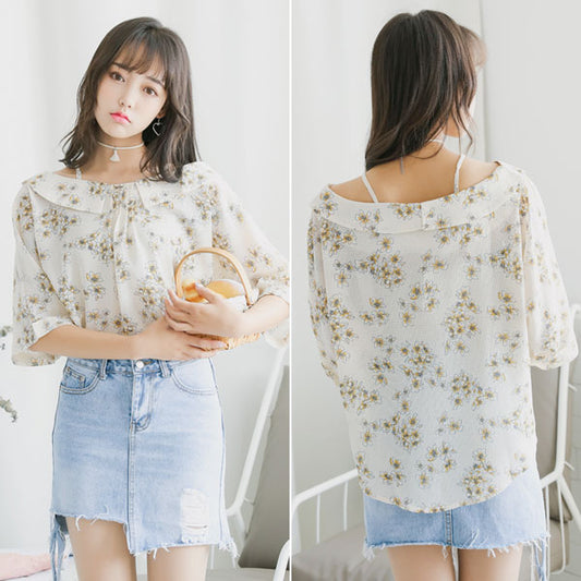 Blouse White Flower Short Sleeved Collar Korean