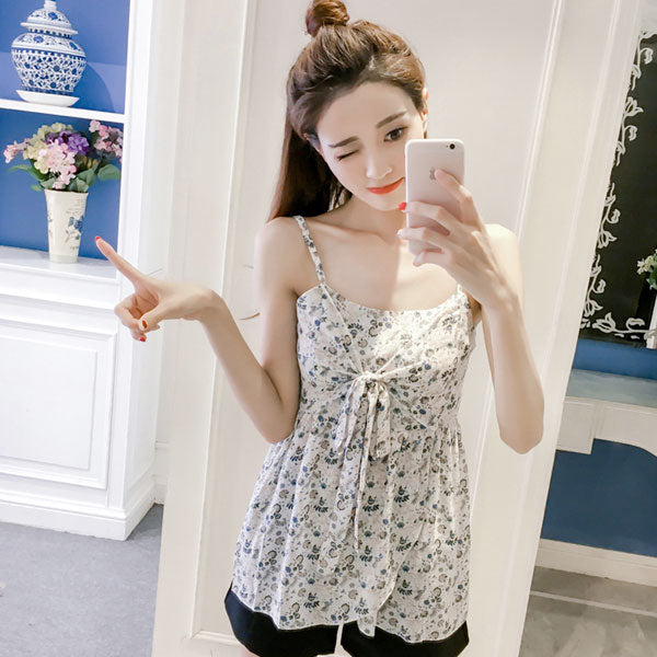 Floral Thin Strap Bow Chest Feminine Top