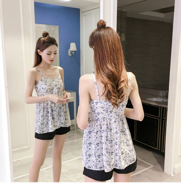 Floral Thin Strap Bow Chest Feminine Top