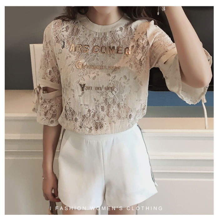 Shirt Lace Letter Cut Out Sleeved