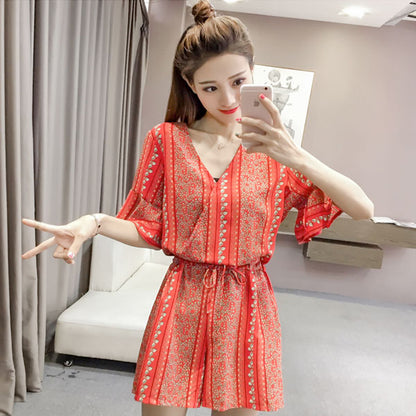 Jumpsuit Pants Floral Horn Sleeved V Neck Short