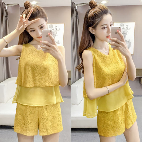 Lace Sleeveless Transparant Loose Top and Short Pants