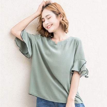 Shirt Petals Short Sleeved V Round Neck New Style