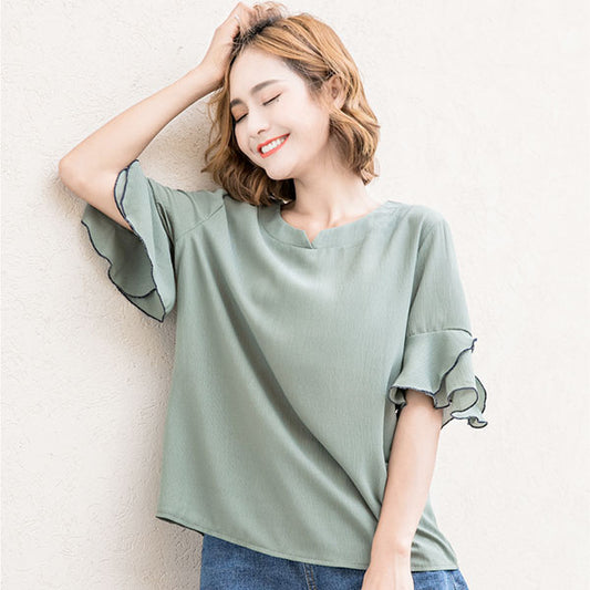 Shirt Petals Short Sleeved V Round Neck New Style