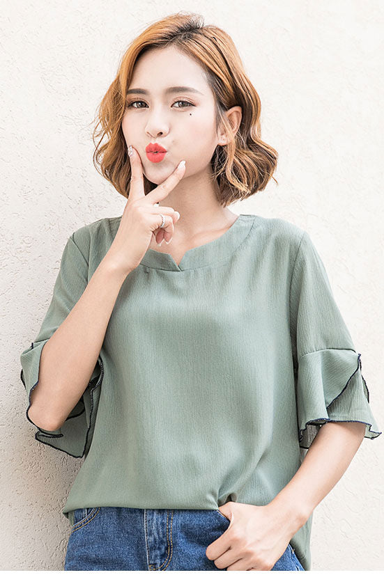 Shirt Petals Short Sleeved V Round Neck New Style