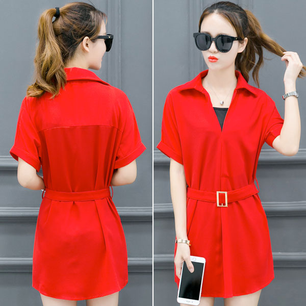 Short Sleeved Collar V Neck Dress Set Korean Fashion