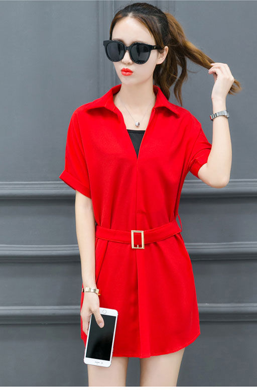 Short Sleeved Collar V Neck Dress Set Korean Fashion