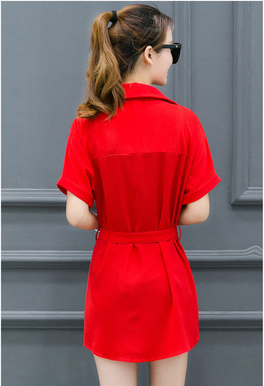 Short Sleeved Collar V Neck Dress Set Korean Fashion