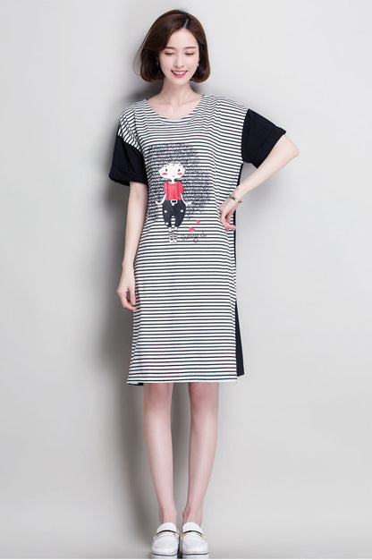 Black White Striped Frizzy Cute Girl Short Sleeved Dress