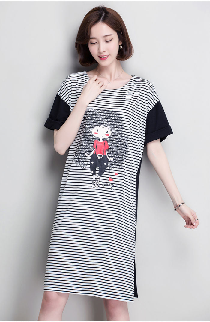 Black White Striped Frizzy Cute Girl Short Sleeved Dress