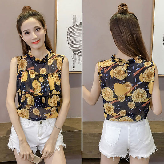 Blouse Blue Flower Chiffon Sleeveless