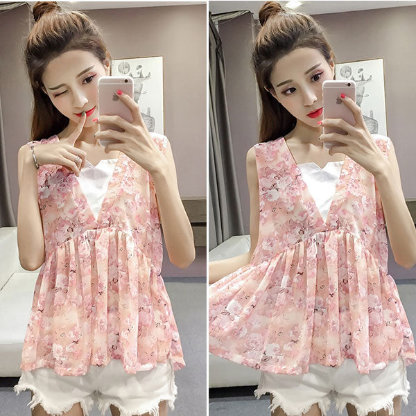 Blouse Flower V Neck Sleeveless Chiffon