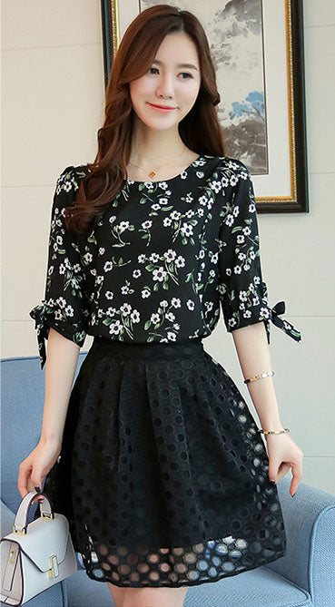 Blouse Flower Bow Short Sleeved Woman