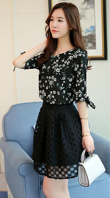 Blouse Flower Bow Short Sleeved Woman