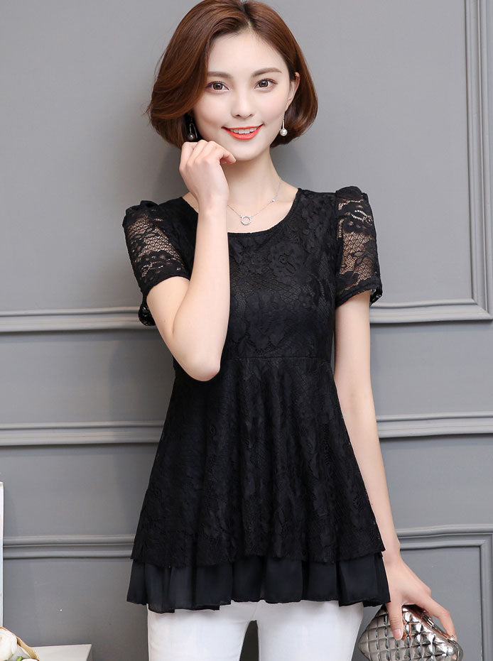 Shirt Lace Short Sleeved Layer Chiffon