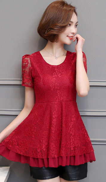 Shirt Lace Short Sleeved Layer Chiffon