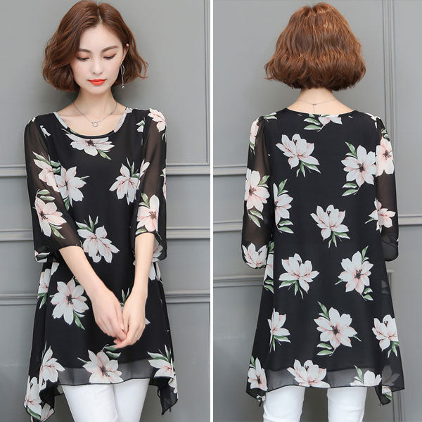 Blouse Black Flower Half Sleeved Irregular