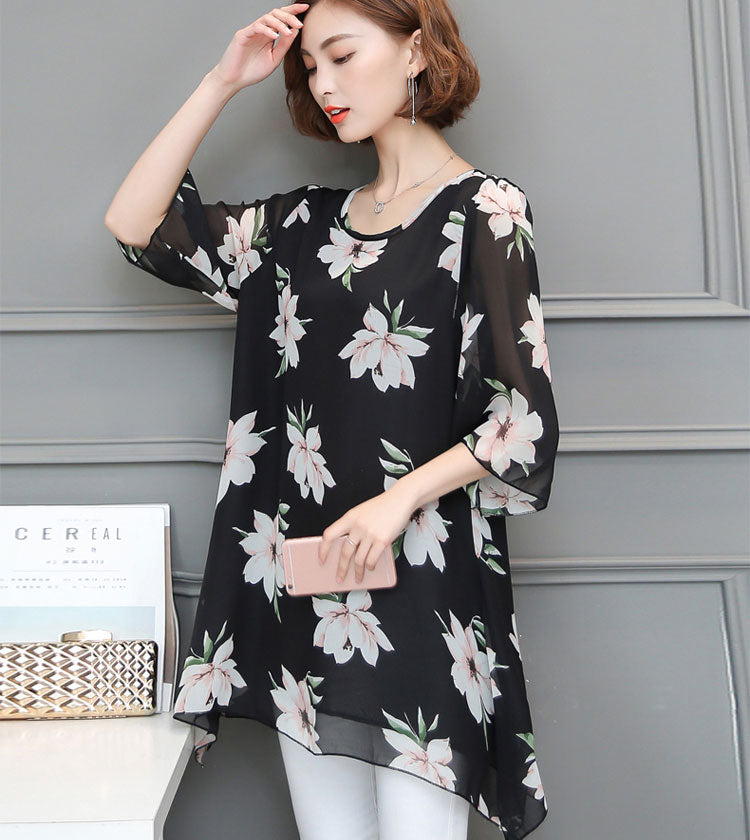 Blouse Black Flower Half Sleeved Irregular