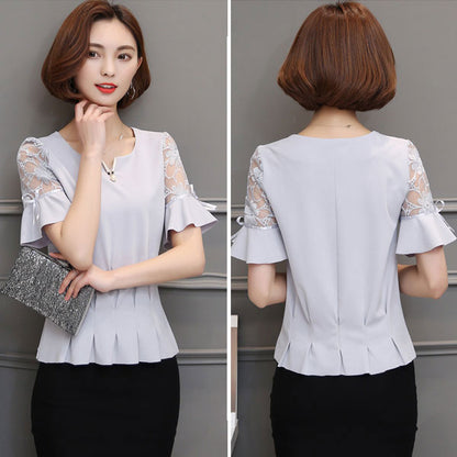 Blouse Bow Lace Horn Sleeved V Neck Pearl