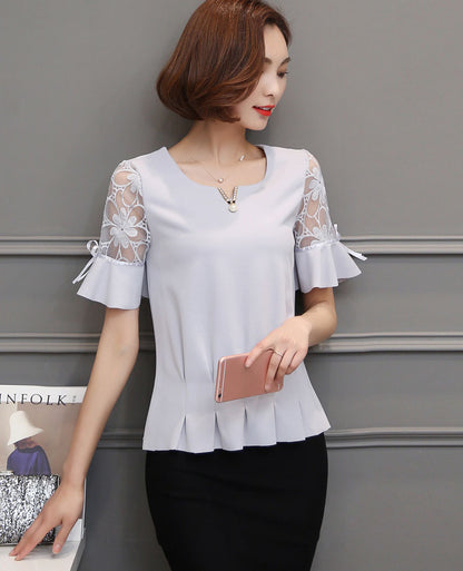 Blouse Bow Lace Horn Sleeved V Neck Pearl