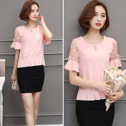 Blouse Bow Lace Horn Sleeved V Neck Pearl