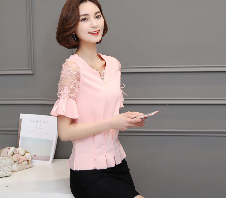 Blouse Bow Lace Horn Sleeved V Neck Pearl