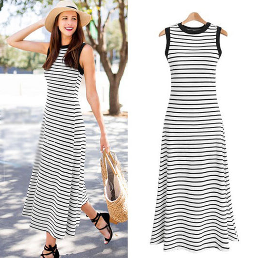 Striped Sleeveless Simple Summer Long Dress