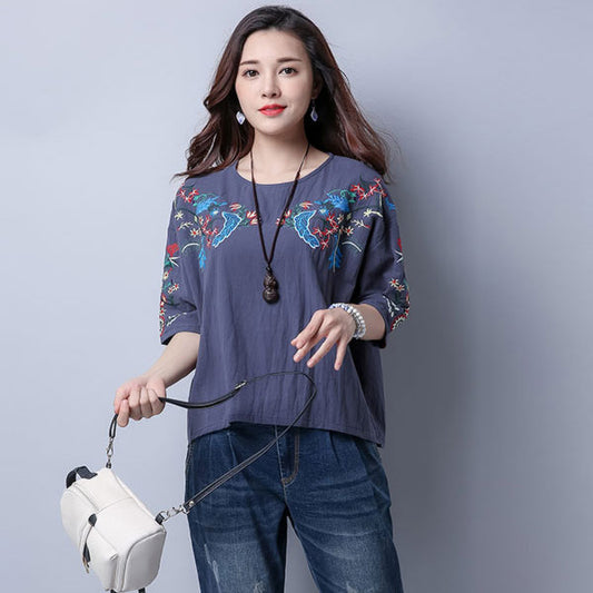 Blouse Flower Embroidery Half Sleeved Retro Woman