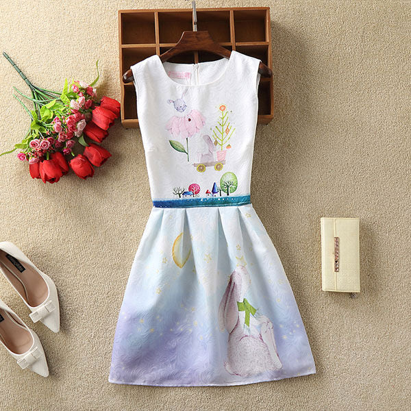 Blue Gradation Rabbit Printing Sleeveless Modern Dress