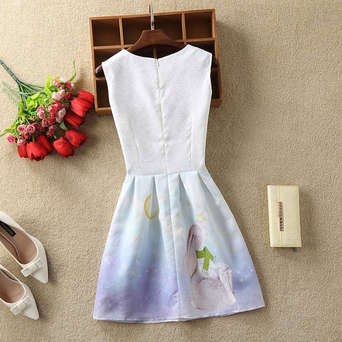 Blue Gradation Rabbit Printing Sleeveless Modern Dress