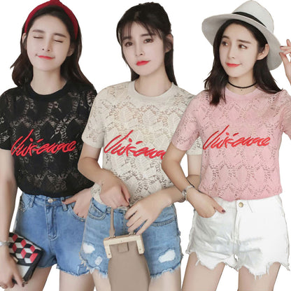 T-Shirt Atasan Wanita Brokat Lengan Pendek Import