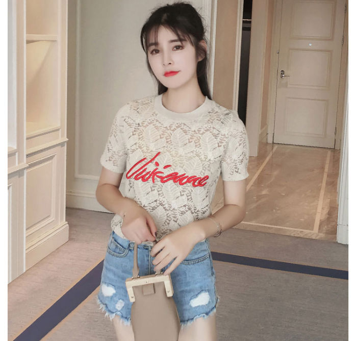 T-Shirt Atasan Wanita Brokat Lengan Pendek Import