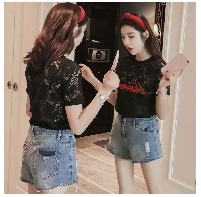 T-Shirt Atasan Wanita Brokat Lengan Pendek Import