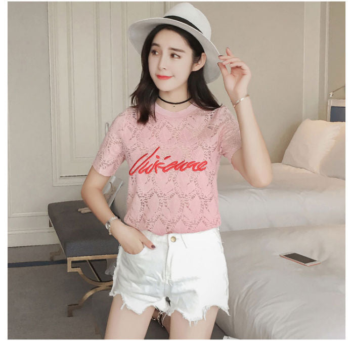 T-Shirt Atasan Wanita Brokat Lengan Pendek Import