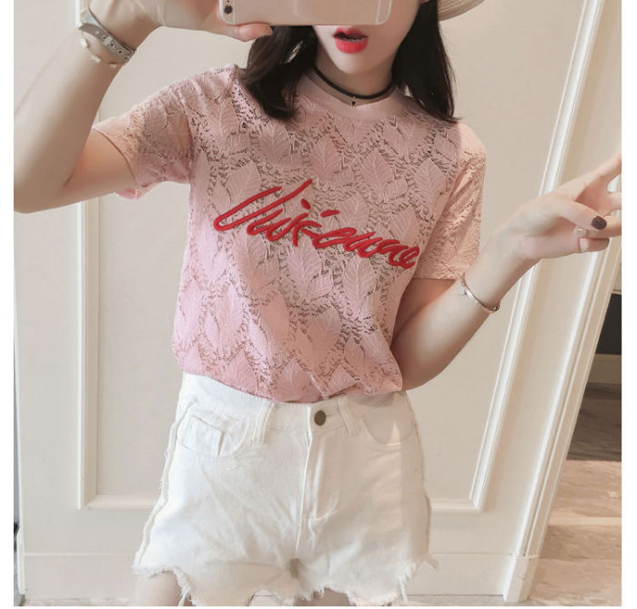 T-Shirt Atasan Wanita Brokat Lengan Pendek Import