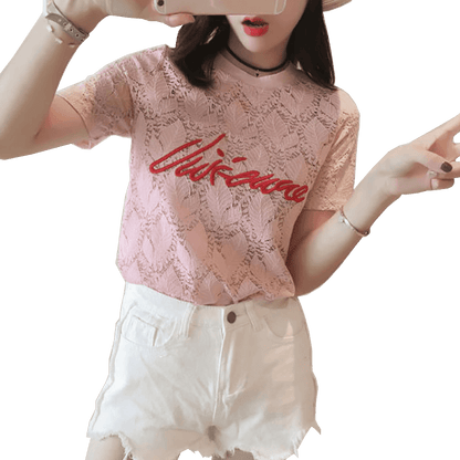 T-Shirt Atasan Wanita Brokat Lengan Pendek Import