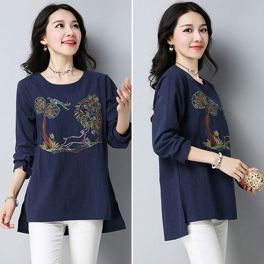 Cotton Long Sleeves Embroidery Tree Blouse