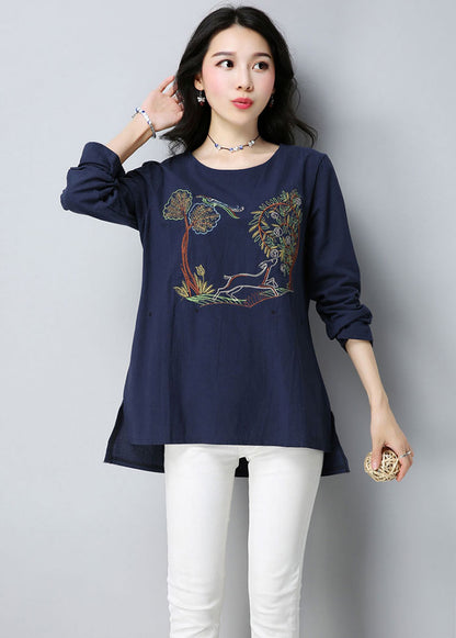 Cotton Long Sleeves Embroidery Tree Blouse